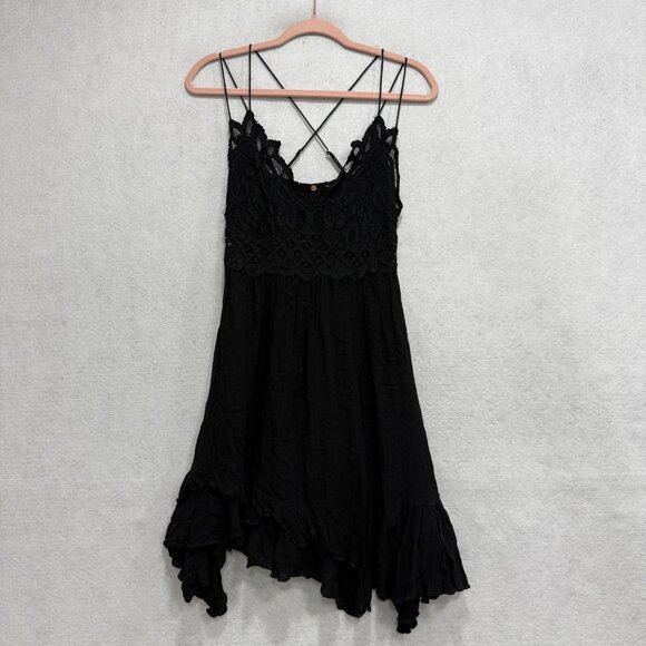 Free People FP One Dress Womens Small Black Lace Crochet Slip Boho Ruffle Hem - Picture 1 of 8